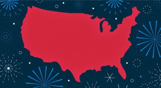Outline of United States map filled in red against a blue patterned background.