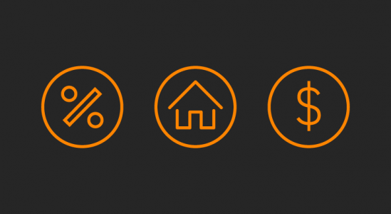 Graphic with a percentage symbol, house icon and a dollar sign symbol